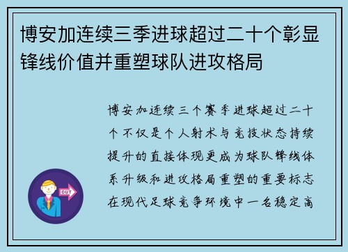 博安加连续三季进球超过二十个彰显锋线价值并重塑球队进攻格局